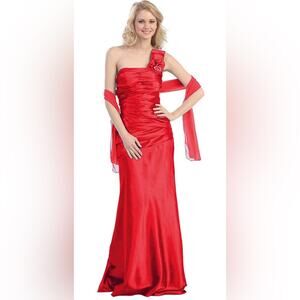 Eureka One Shoulder Satin Ruched Bodice Column Gown M